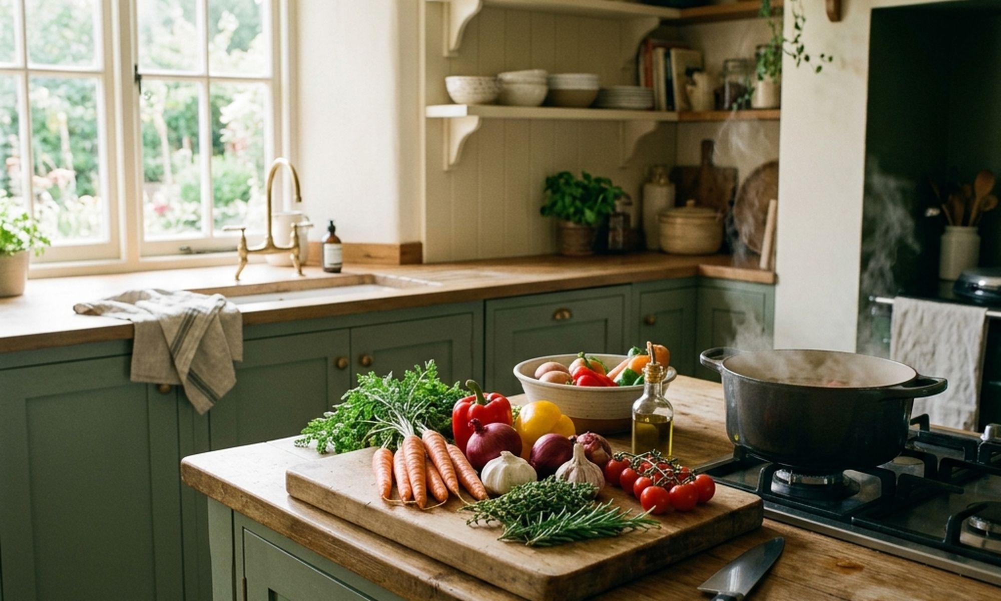 Bright morning kitchen counter with fresh vegetables